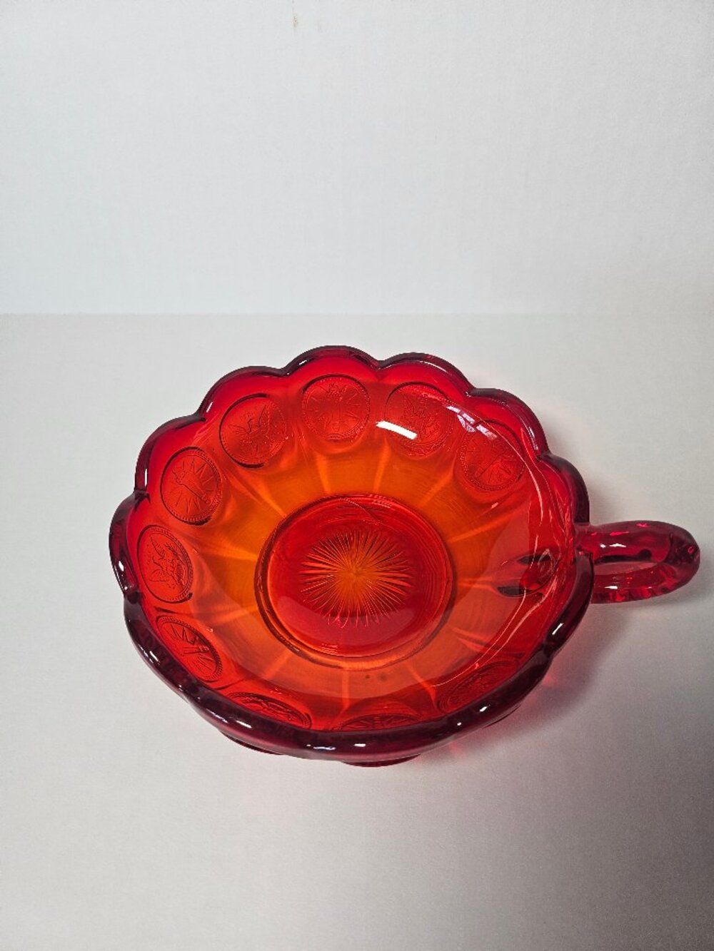 Mid Century Fostoria Amberina Red Liberty Coin Dot Handle Nut Bowl